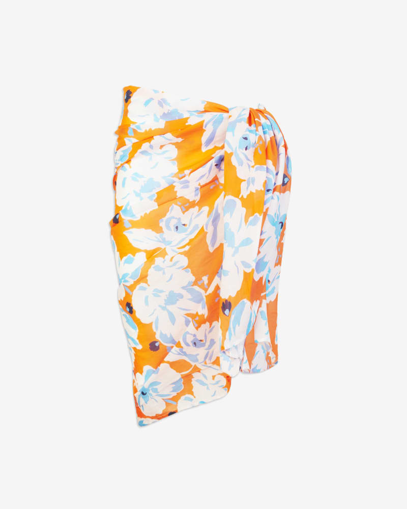 Front of a size one-size-fits-all Elora Sarong in Electric Peach Multi Scattered Peony by Tanya Taylor. | dia_product_style_image_id:322290